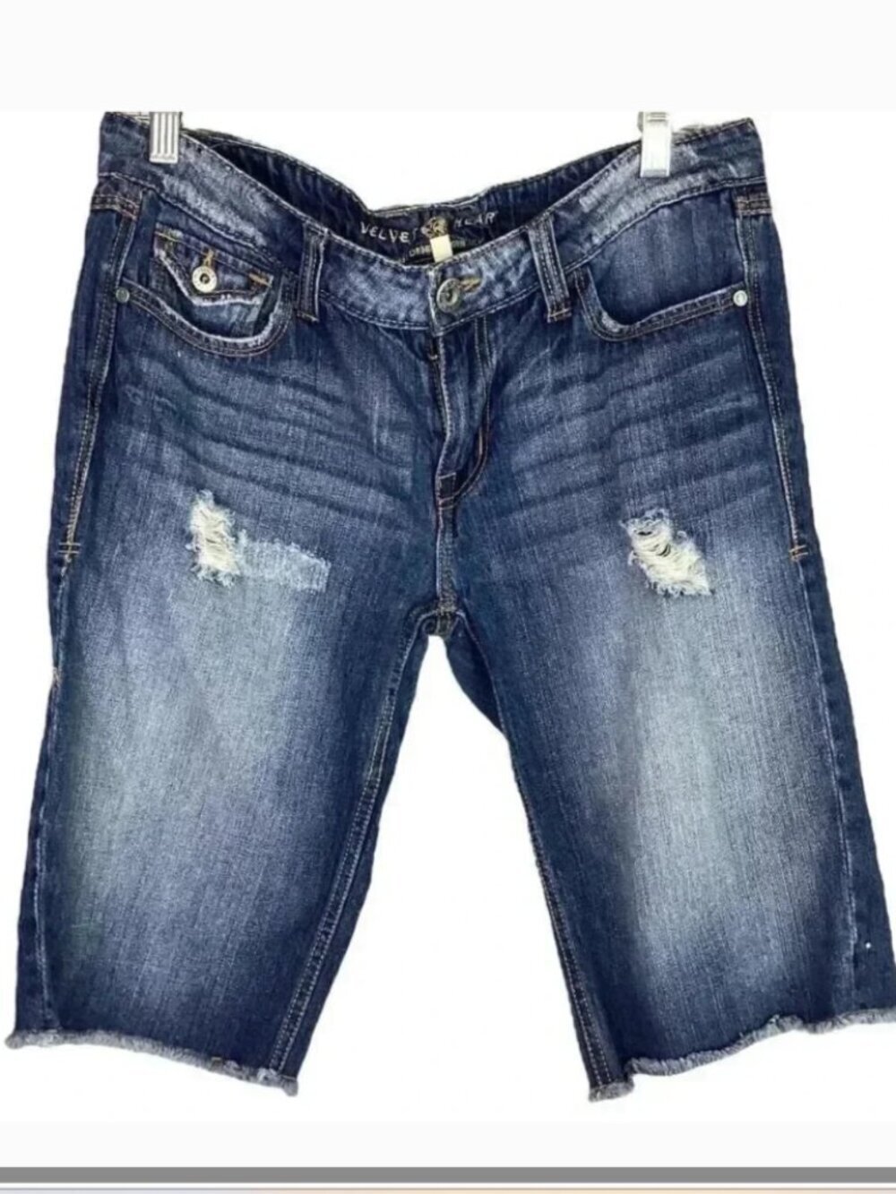 Bermuda Denim Shorts Women 30 Blue Cotton Distressed Button Flap Pockets Raw Hem